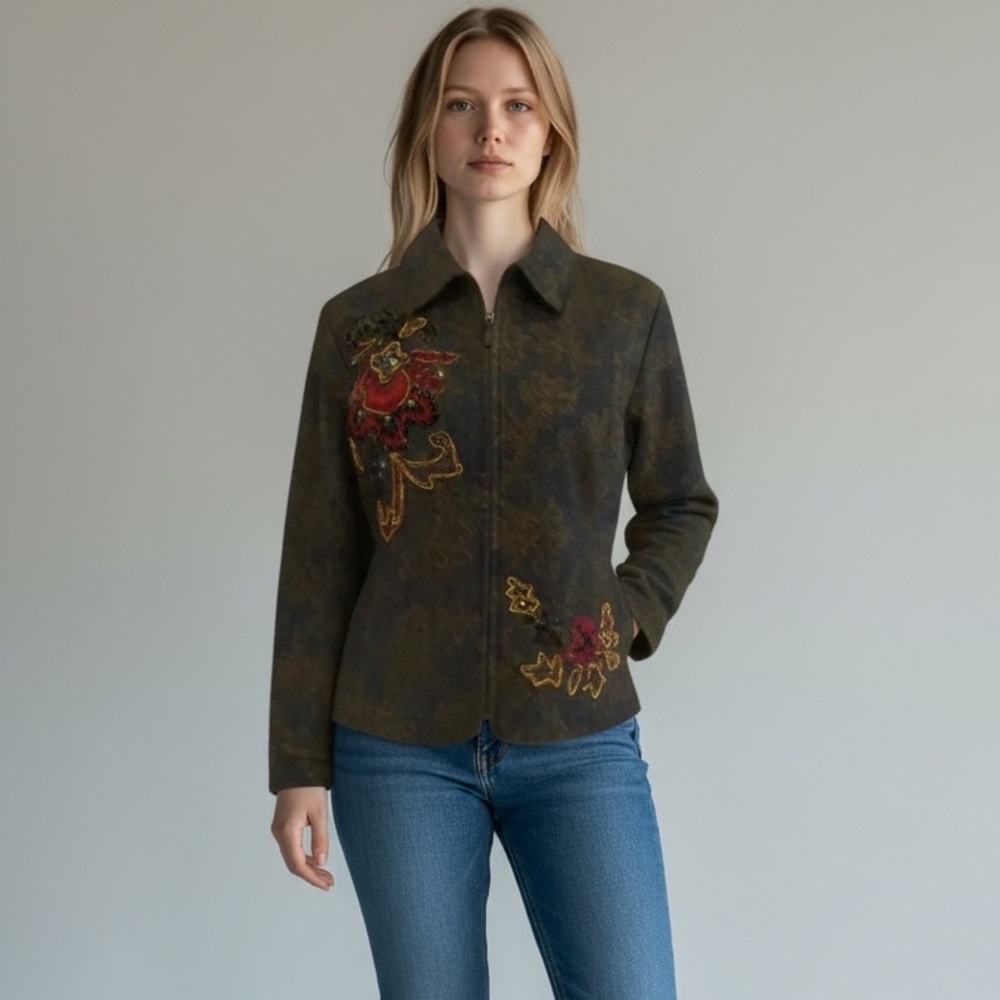 Chico’s Mottled Stretch Denim Jacket Sequin Floral